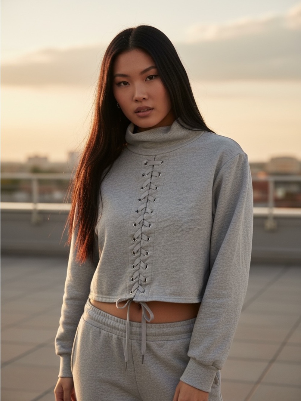 Source Unknown Light Grey Lace-Up Cropped Turtleneck Sweatshirt